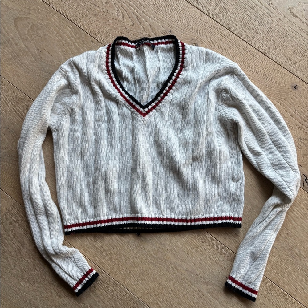 Brandy Melville Vintage White, Navy and Red V-Neck Sweater